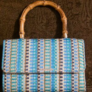 Woven Straw Clutch w/ Bamboo Handle & Chain Strap | Blue Teal Stripe